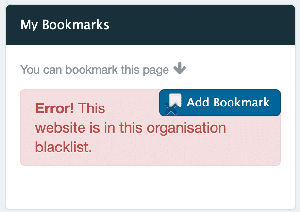 Example Error Message when trying to add blacklisted Bookmark.