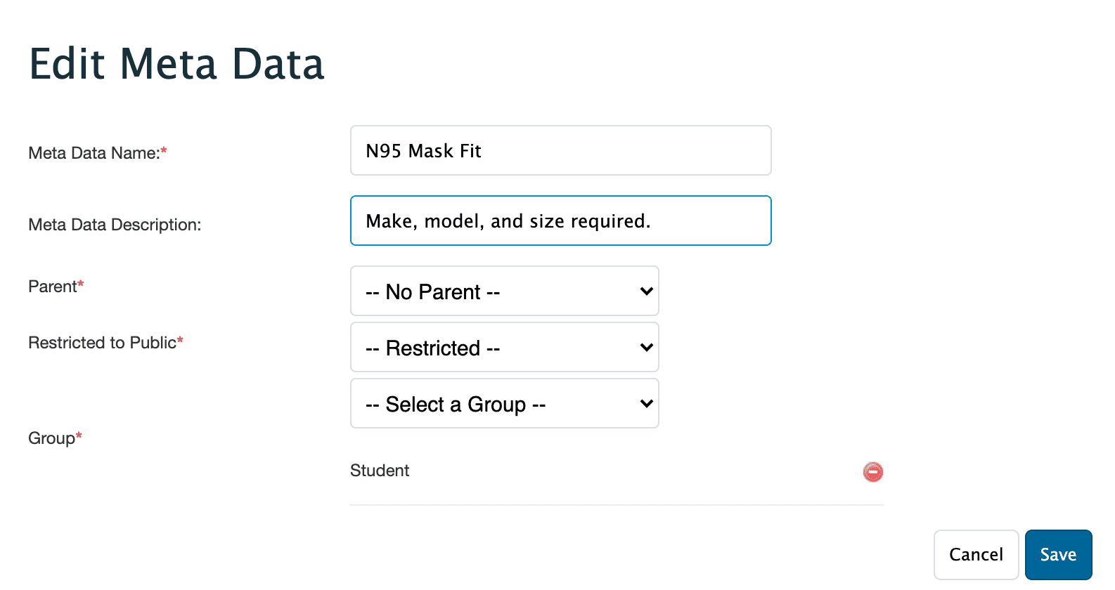 Example Meta Data field for Student user group.